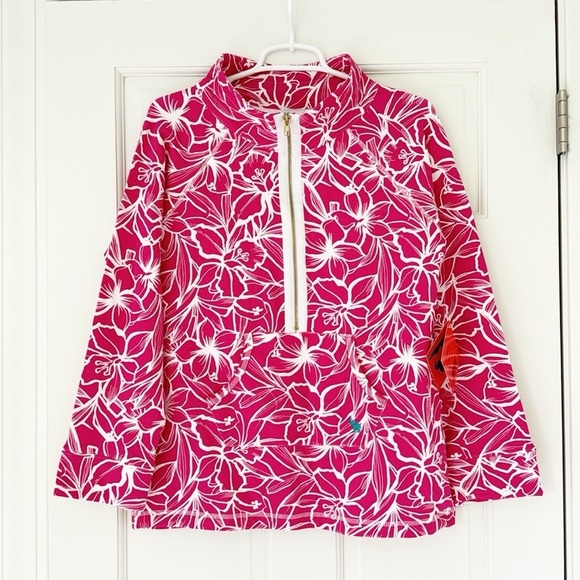 NWT TRACY NEGOSHIAN pullover size M pink white floral 3/4 zip pocket - Picture 2 of 8